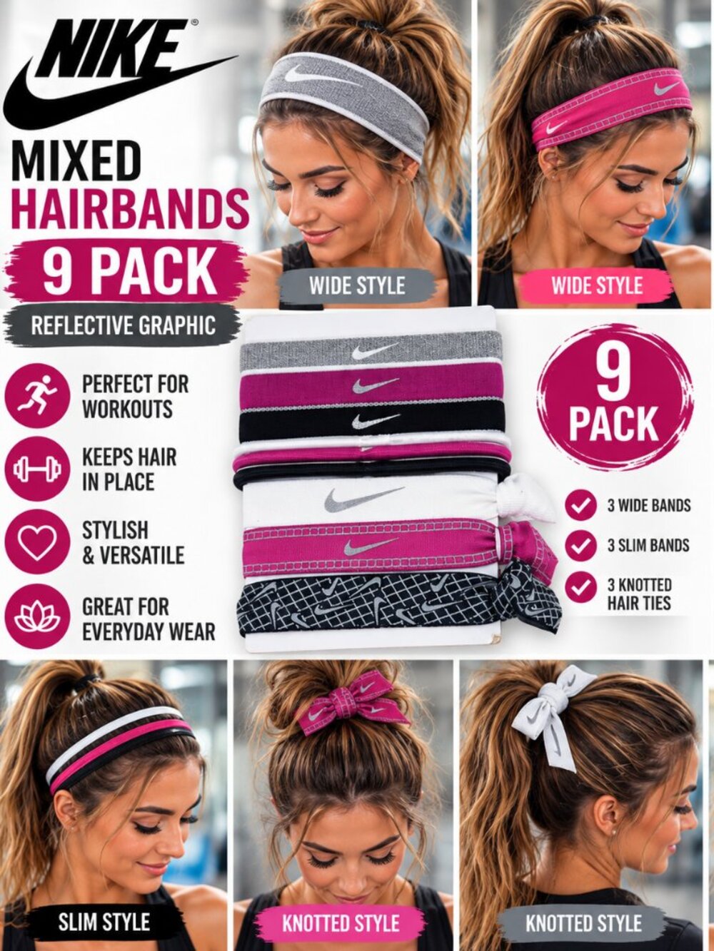 Nike Mixed Hairbands 9-Pack Reflective Graphic Pink Black White OSFM
